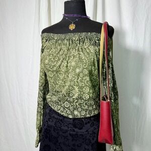 I Love Next Era Olive Paisley Off Shoulder Top Size L